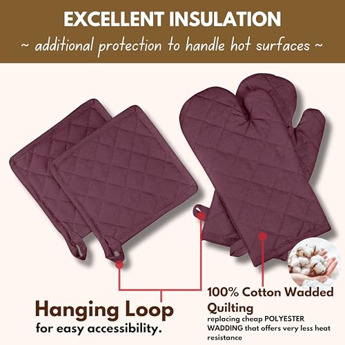 Native Fab 4 Piece Set - 2 Oven Mitts & 2 Potholders, Heat Resistant, 100% Cotton, Quilted Design, Non-Slip Grip, Machine Washable, Ideal for Baking, Cooking, BBQ, Kitchen Protection - Burgundy Wine - color: Burgundy Wine
