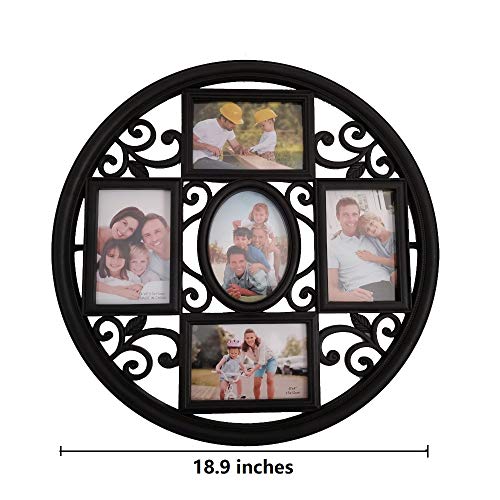 MKUN 2Pack of 4x6 Wall Photo Collage Frames - Round Circular Circle Wall Hanging Picture Collage Frame with Leaf Decoration, 5- Opening (Black) - color: Black