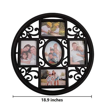 MKUN 2Pack of 4x6 Wall Photo Collage Frames - Round Circular Circle Wall Hanging Picture Collage Frame with Leaf Decoration, 5- Opening (Black) - color: Black