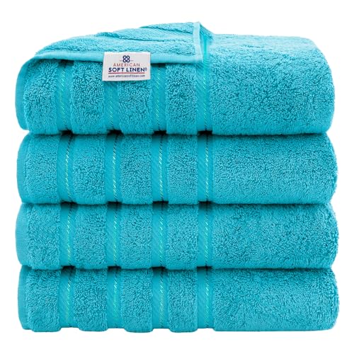 American Soft Linen 100% Cotton Luxury Turkish Towels, 4 PC Bath Towel Set | Soft Absorbent Quick Dry OEKO Tex Standard 100 Certificated Durable Machine Washable Premium Hotel Quality - color: Aqua Blue, size: 27"x54"
