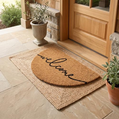 Half-Moon Welcome Doormat | 100% Natural Coir | Modern Script, Anti-Slip Backing | Semicircle Outdoor Front Door Mat - color: Warm Greeting - Arc