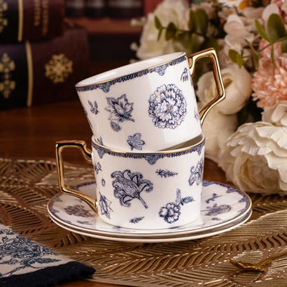 KAMMAK Tea Cups and Saucers Set of 2, Fine Bone China Coffee Cups, 571N | Stackable Espresso Mugs, Ceramic Demitasse for Coffee, Cappuccino, Latte, Americano, Tea - size: 7KPSP571N