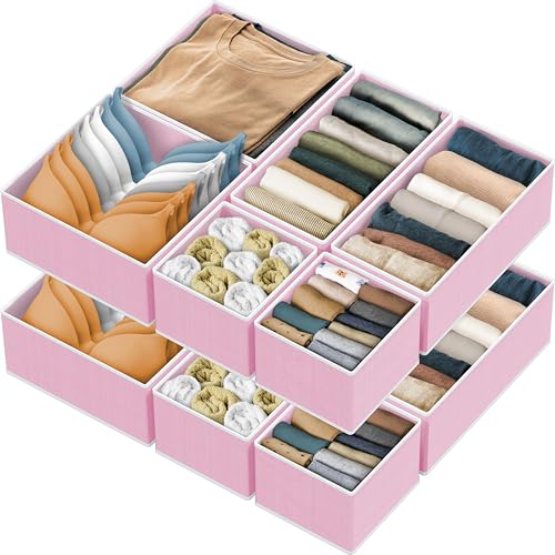 Simple Houseware Foldable Drawer Organizer Stocking Bin, Set of 12, Pink | Fabric Storage Bins for Clothes, Underwear, Bra, Panty, Socks, Onesies – Closet & Dresser Dividers for Home - color: Pink, size: Set of 12 - 4L / 4M / 4S