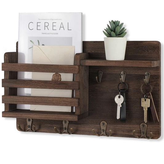 Nekon Mail Holder for Wall, 16.8 Inch Mail Organizer, Brown | 16.8Inch x 10Inch x 3.2Inch, with 7 Key Hooks, Hallway Farmhouse Decor, Storage Racks with Floating Shelf and Mount Hardware - color: Brown