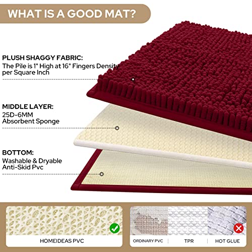 HOMEIDEAS 3 Pieces Bathroom Rugs, Ultra Soft Non Slip Absorbent Chenille Toilet Bath Mat Set (Burgundy) - color: Red-burgundy, size: 17"x24"+20"x32"+U Shape 20"x24"