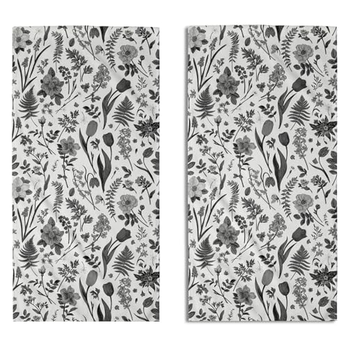 Spring Floral Hand Towels for Bathroom Set of 2 Black Grey White Flower Leaves Vintage Botanical Print Seasonal Decorative Handtowels Soft Absorbent Bath Towel for Home Guest Room Hotel Gym Spa - color: Black Grey White