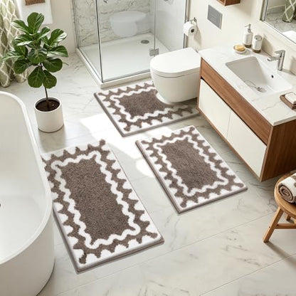Findosom Bathroom Rugs Sets 5 Piece, Absorbent Soft Non-Slip Bath Rug Set | Washable Microfiber Shaggy Bath Mat Set with Bathroom Runner Rug, U-Shaped Toilet Rugs, Shower Rug & Toilet Lid Cover, Brown - color: Brown & White, size: 18"x26"+20"x32"+20"x48"+