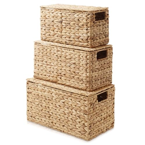 Casafield Set of 3 Water Hyacinth Storage Baskets with Lids, Natural - Small, Medium, Large Woven Nesting Bins for Bathroom, Bedroom, Closets, Shelves