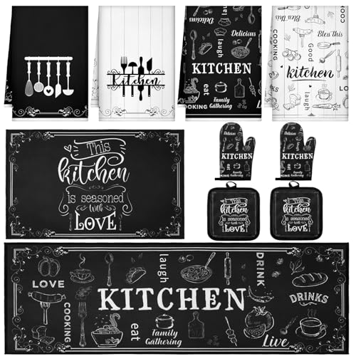 Fourluoo 10 Pcs Farmhouse Kitchen Decor Sets 4 Kitchen Dish Towels 2 Vintage Pot Holders 2 Oven Mitts Glove 2 Rustic Non Slip Rugs and Mats for Floor Home Decorations Accessories Mom Gifts - color: Black and White, style: Classic