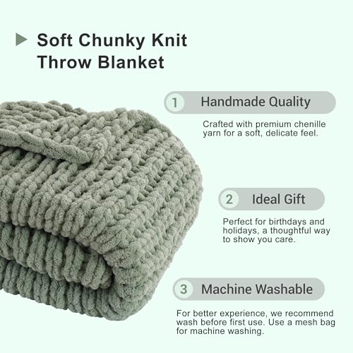 Sage Green Chunky Knit Throw Blanket, Knit Throw Blanket for Couch 50"x60" | Handmade Cable Knit Crochet Blanket, Cozy Knot Green Knitted Throw Blankets, Light Green Chenille Blanket for Bed Sofa Home - color: Light Green