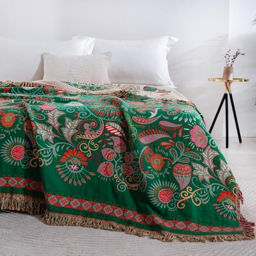 100% Cotton Muslin Throw Blanket 90"x98", Soft Breathable Lightweight Quilt, Reversible Boho Bohemian Paisley Floral Bedspread Coverlet, Fringed Emerald Green Bed Throw Sofa Couch Décor - color: Paisley Floral Green, size: 90"x98"