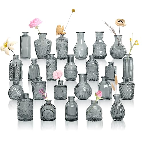 Grey Bud Vases in Bulk 24, Embossed Glass Small Vases for Flowers, Vintage Mini Flower Vase for Centerpieces, Wedding Decoration, Party, Baby Shower, Birthday, Home Decor, Living Room, Office - color: Gray, size: Set of 24 Vases