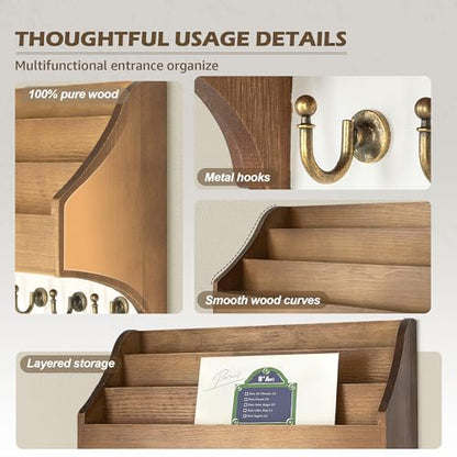 Rebee Vision Mail Organizer Wall Mounted with 3 Mail Slots, Brown&White | Pine Wood, Key Holder Wall Mount, 3-Tier Mail Holder, 6 key hooks, Wall Organizer, Hanging Letters, Entryway Storage - color: Brown&White