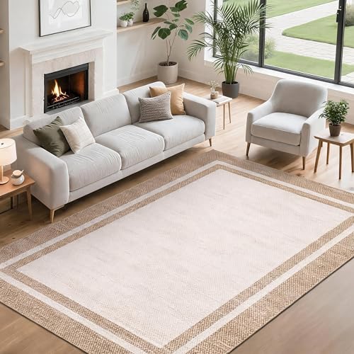 Garvee Neutral Border Rug 6x9 Living Room Rug Washable Rugs，Beige | Bedroom Non Slip Non Shedding Throw Rugs for Nursery Stain Resistance Floor Cover for Dining Room - color: Modern Border - Beige, size: 6' x 9' (Rectangular)