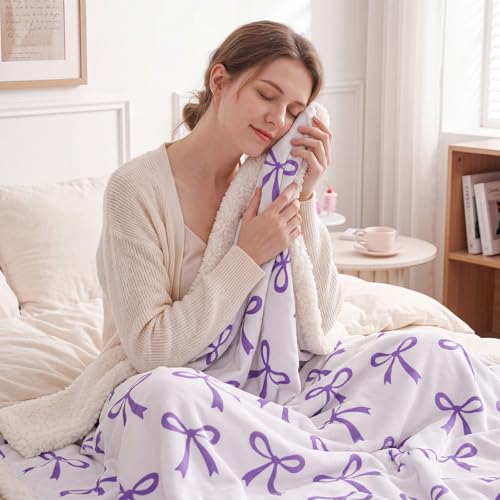 Tegeme Purple Bow Throw Blanket Sherpa Fleece Preppy Coquette Flannel Bow Blanket for Teen Girls Room Back to School Gift White Plush 50" x 60" Aesthetic Soft Bedding for College Dorm Bed Sofa Couch - color: Purple