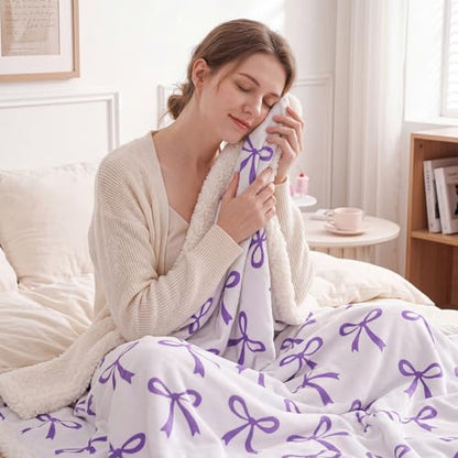 Tegeme Purple Bow Throw Blanket Sherpa Fleece Preppy Coquette Flannel Bow Blanket for Teen Girls Room Back to School Gift White Plush 50" x 60" Aesthetic Soft Bedding for College Dorm Bed Sofa Couch - color: Purple