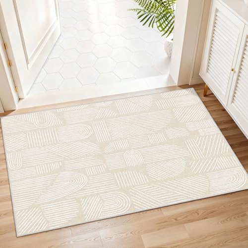 2x3 Washable Rug Small Area Rugs Low Pile Mid Century Modern | Throw Carpet for Entryway Bathroom Kitchen Bedroom Bedside Non Slip Floor Indoor Boho Abstract Neutral Beige and White - color: Beige and White, size: 2' x 3' (Rectangular)