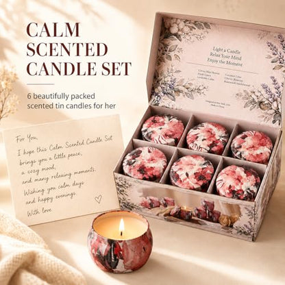 Scented Candles Gift Set for Women, 6 Pack Soy Wax Candle Set in Decorative Tins, 24 oz Total, 180 Hours Burn Time, Floral and Fruity Aromatherapy Candles, Birthday, Thank You, Housewarming Gifts - size: Large 6-Candle Set (Calm)