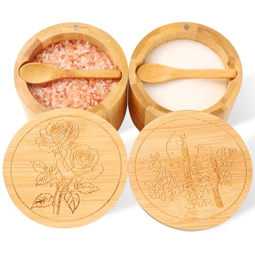 Salt Cellar, 2PCS Salt Container Bamboo Salt and Pepper Box for Countertop with Built-in Spoon & Swivel Lid, Spice Seasoning Storage Bowl, Elegant Salt Holder (Rose & Bird Engraving) - color: Bamboo Bird and Rose Set