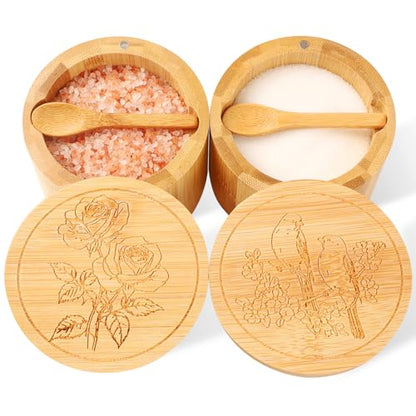 Salt Cellar, 2PCS Salt Container Bamboo Salt and Pepper Box for Countertop with Built-in Spoon & Swivel Lid, Spice Seasoning Storage Bowl, Elegant Salt Holder (Rose & Bird Engraving) - color: Bamboo Bird and Rose Set