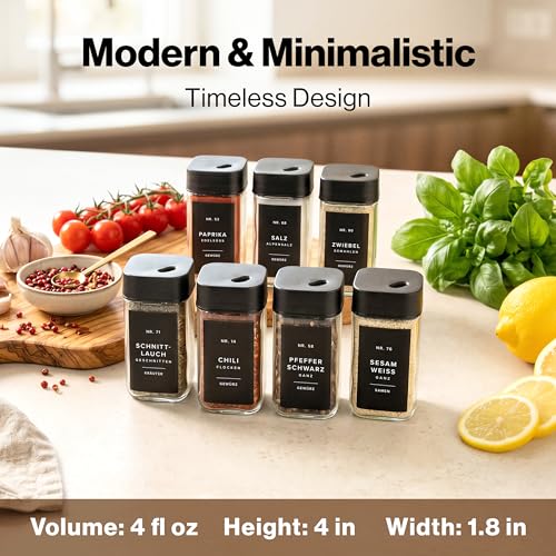 Square Glass Spice Jars with Label and Black Rotating Lids (24 x 4oz) Spice Containers with 240 Labels, Shaker Inserts, Silicone Funnel, Empty Square Empty Square Seasoning Organizer