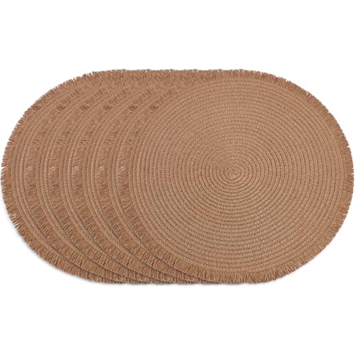 15 Inch Set of 6 Round Woven Placemats Braided Paper Heat Resistant Table Mats with Tassel Boho Indoor Outdoor Table Placemats for Dining Tables (Brown) - color: Brown