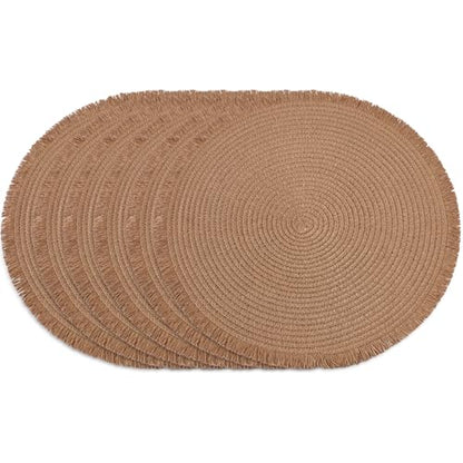 15 Inch Set of 6 Round Woven Placemats Braided Paper Heat Resistant Table Mats with Tassel Boho Indoor Outdoor Table Placemats for Dining Tables (Brown) - color: Brown