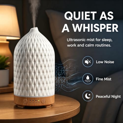 200ML Ceramic Essential Oil Diffuser for Home, Stone Diffuser | Ultrasonic Aromatherapy Diffuser & Air Humidifier for Bedroom, Office, Yoga, 7 LED Lights, Auto Shut-Off, 3 Timers, Rhombus - color: Rhombus