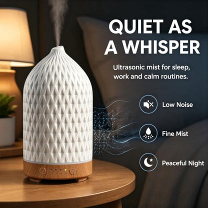 200ML Ceramic Essential Oil Diffuser for Home, Stone Diffuser | Ultrasonic Aromatherapy Diffuser & Air Humidifier for Bedroom, Office, Yoga, 7 LED Lights, Auto Shut-Off, 3 Timers, Rhombus - color: Rhombus
