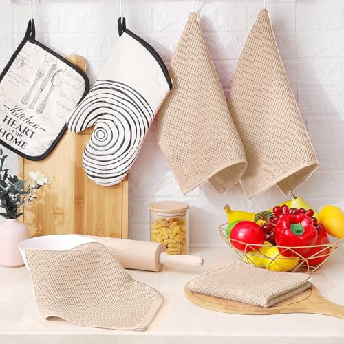 100% Cotton Waffle Weave Kitchen Dish Cloths, 6 Pack Ultra Soft Absorbent, Quick Drying Dish Towels, 12x12 Inches, Dish Rags for Drying Dishes & Daily Kitchen Use, Beige - color: Beige