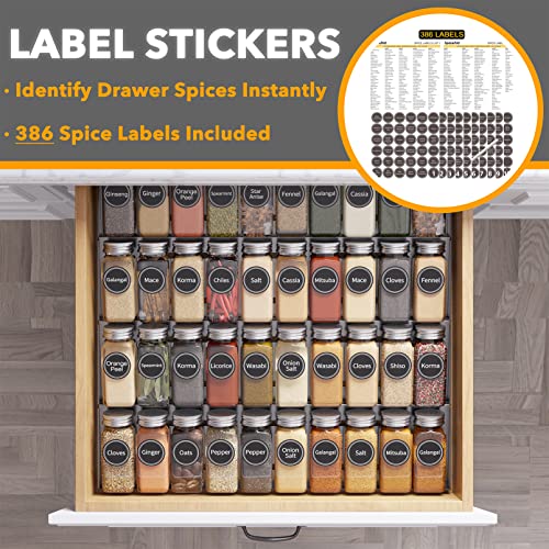 SpaceAid Spice Drawer Organizer with 40 Spice Jars, 386 Spice Labels, 4 Tier Seasoning Rack Tray Insert for Kitchen Drawers, 18.5" Wide x 17.5" Deep - size: 40 Jars, 18.5" Wide