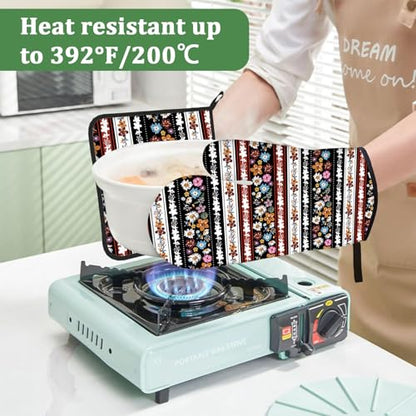 Retro Boho Flower Stripe Oven Mitts and Pot Holders Set 4 Pcs Extra Long Heat Resistant Gloves Potholder for Baking, BBQ, Grilling - color: Boho Floral Stripe