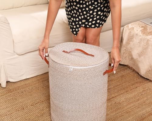 16"x20" Extra Large Cotton Rope Basket with Zipper Lid, Woven Laundry Hamper and Blanket Storage Basket, Round Clothes Bin for Living Room Bedroom, Camel & White Mix - color: All Deep Camel White Mix