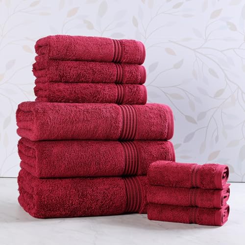Superior Egyptian Cotton 9-Piece Towel Set, Assorted Towels for Home Bathroom, Guest Bath Decor Essentials, Includes 3 Bath, 3 Hand, 3 Face Towels/Washcloths, Quick Dry, Absorbent - Burgundy - color: Burgundy, size: 9 Piece Towel Set