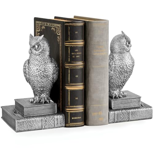 Owl Bookends, Book Ends for Shelves, Vintage Resin Decorative Bookends with Anti-Slip Base for Books Lovers Home Office Decor Book Holder (Silver) - color: Silver