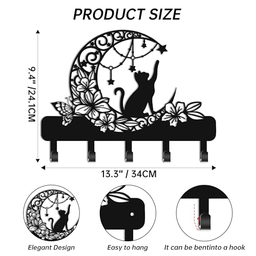 Cat Key Holder for Wall, Cat on Moon Entryway Decorative Key Hooks | Cat with floral moon & star design, 6 hooks 13.4" x 9.5", for keys, entryway, cute storage & wall decor gift.