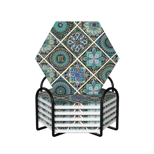 Blue/Emerald Green Mexican Tiles Drinks Coasters Absorbent Stone with Holder Set of 6, Teal/Turquoise/Cyan Mexico Morocco Mandala Tile Hexagon Ceramic Coaster for Coffee Table Protection (Hexagonal) - color: Blue Green Mexican Bohemian Tile, size: Hexagon