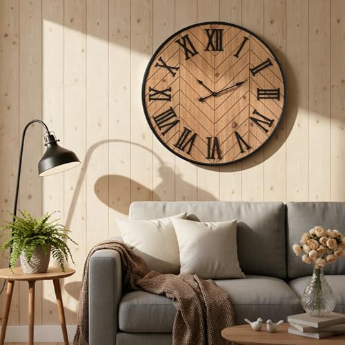 Kenning Farmhouse Wall Clock for Living Room Decor, Rustic 24'' Wall Clock | Large Decorative Wall Clock with Brown Wooden Face & Black Metal Frame, Silent Battery Operated for Kitchen Bedroom Entryway - size: 24 Inch