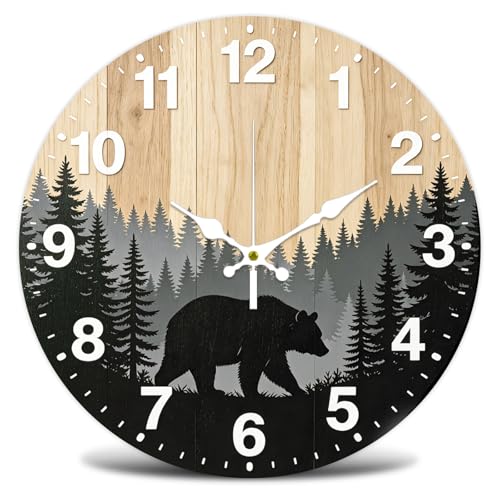 Forest Bear Wall Clock Silent Non-Ticking 12" for Living Room Decor | 1 AA Battery Operated (not Included); Easy to Read; Keep Accurate Time; Vintage Rustic Nature; Kitchen Bedroom Indoor Use - color: Bear