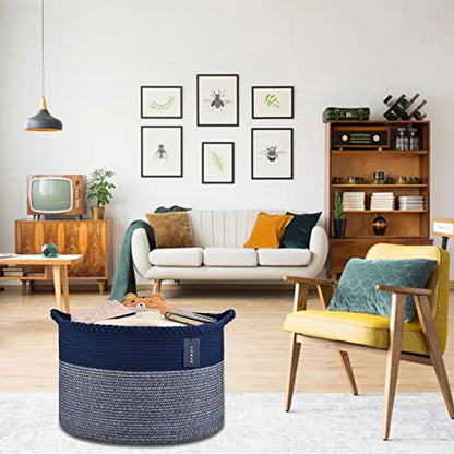 COMSE XXXLarge Woven Blanket & Laundry Basket, 87L, Navy Blue | 21.7" x 13.8", Cotton Rope, Nursery Hamper for Storage of Toys Clothes Towels, Ideal for Living Room Bedroom Bathroom - color: Navy Blue