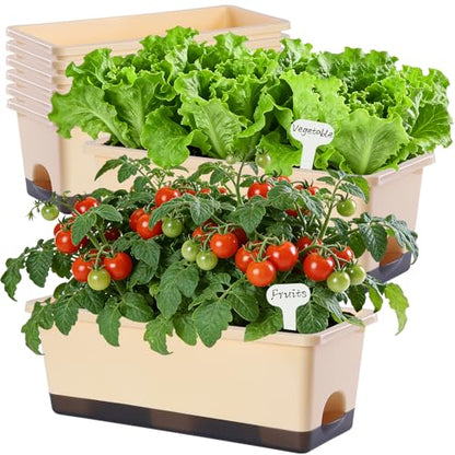 Window Box Planter 8 Pcs, 17 Inches Rectangle Flower Pots with Drainage Holes & Trays, Vegetable Planters for Windowsill Patio Garden Balcony Home Indoor Outdoor (Barley Yellow, 16 * 7 * 6 inch) - color: Barley Yellow