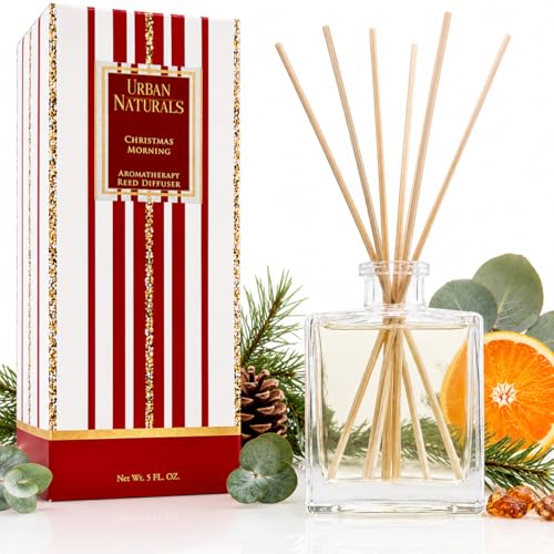 Reed Diffuser Set, Christmas Morning - Bathroom Shelf Décor | Aromatic Rosemary, Eucalyptus, Balsam Spruce, Orange, Cedar & Amber, Sleek Rectangular Refillable Glass Bottle - color: Christmas Morning