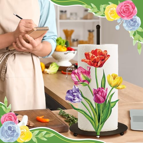 Flower Paper Towel Holder Countertop Tulip Kitchen Decor and Accessories Black Metal Farmhouse Large Tissue Stand Gifts for Women Mom Grandma, 3D Hand Painting Pattern, Weighted Base - style: Tulip