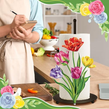 Flower Paper Towel Holder Countertop Tulip Kitchen Decor and Accessories Black Metal Farmhouse Large Tissue Stand Gifts for Women Mom Grandma, 3D Hand Painting Pattern, Weighted Base - style: Tulip