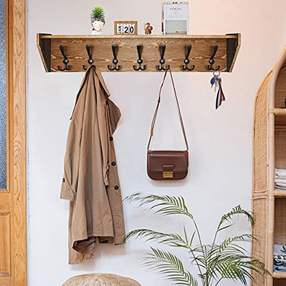 WEBI Wall Shelf with Hooks Underneath,35" Long Coat Rack Wall Mount with Shelf,7 Triple Hooks,Entryway Shelves for Clothes,Jacket,Rustic Brown - color: Brown, size: 35 Inch
