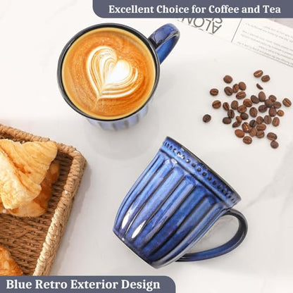 Coffee Mugs Set of 4, 16oz Navy Blue Ceramic Coffee Mug with Embossed Ribbed, Farmhouse Tea Cup Set for Latte, Cappuccino, Milk, Large Handle, Suitable for Office Home Restaurant Housewarming Gift - color: Navy Blue