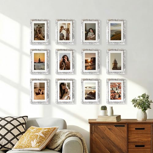 Vittanly 5x7 Picture Frames Set of 12, Wall & Tabletop, Distressed White | Display Pictures 4x6 with Mat or 5x7 without Mat, Small Photo Frames, Engineered Wood with Shatter Resistant Plexiglass - color: Distressed White, size: 5x7
