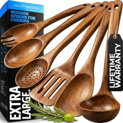 Zulay Kitchen Extra-Large 6-Piece Wooden Spoon Set - Smooth Teak Cooking Utensils - Comfort-Grip Non-Stick Turner, Spatula, Skimmer, Fork, Serving Spoon - size: 6 Piece | Large