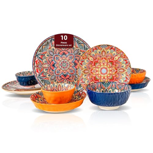Boho 10 Pieces Dinnerware Sets, Plates and Bowls Set, Porcelain Dishes Set for 2, Microwave and Dishwasher Safe, Scratch Resistant, Bohemian Style Dining Ware, Mixed Colors of Orange & Blue - color: Mixed 2