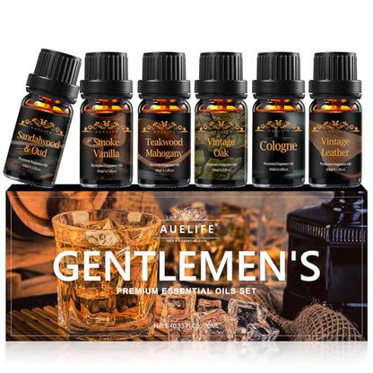 Men Essential Oils Set for Diffusers for Home, 6x10ml Scented Oil | Masculine Essential Oil for Candle Making, Aromatherapy Gift Set for Men, Mahogany, Sandalwood,Cologne,Smoke Vanilla, Leather
